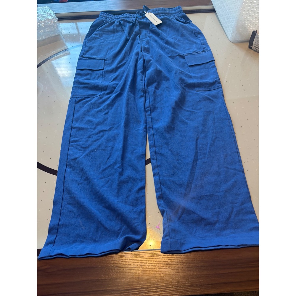 Ouku Mens Blue Cargo Pants Wide Leg Elastic Waist Drawstring Casual New M